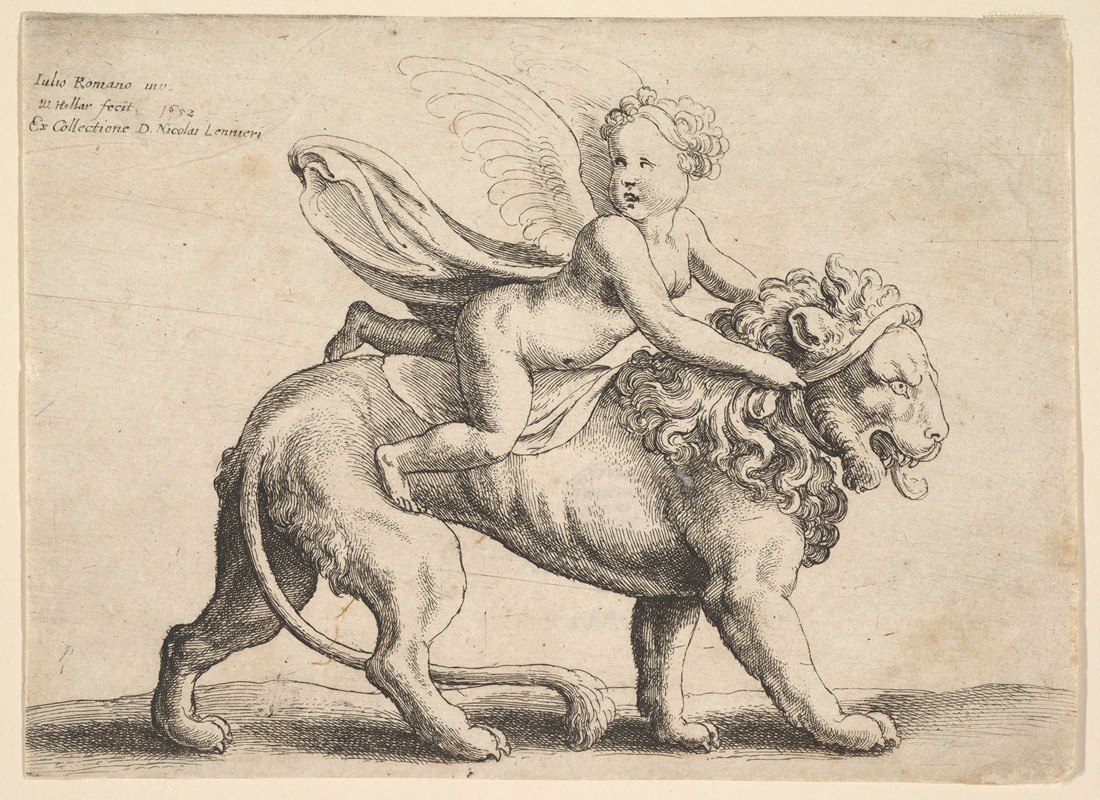 Cupid is depicted riding a lion in this charming artwork.