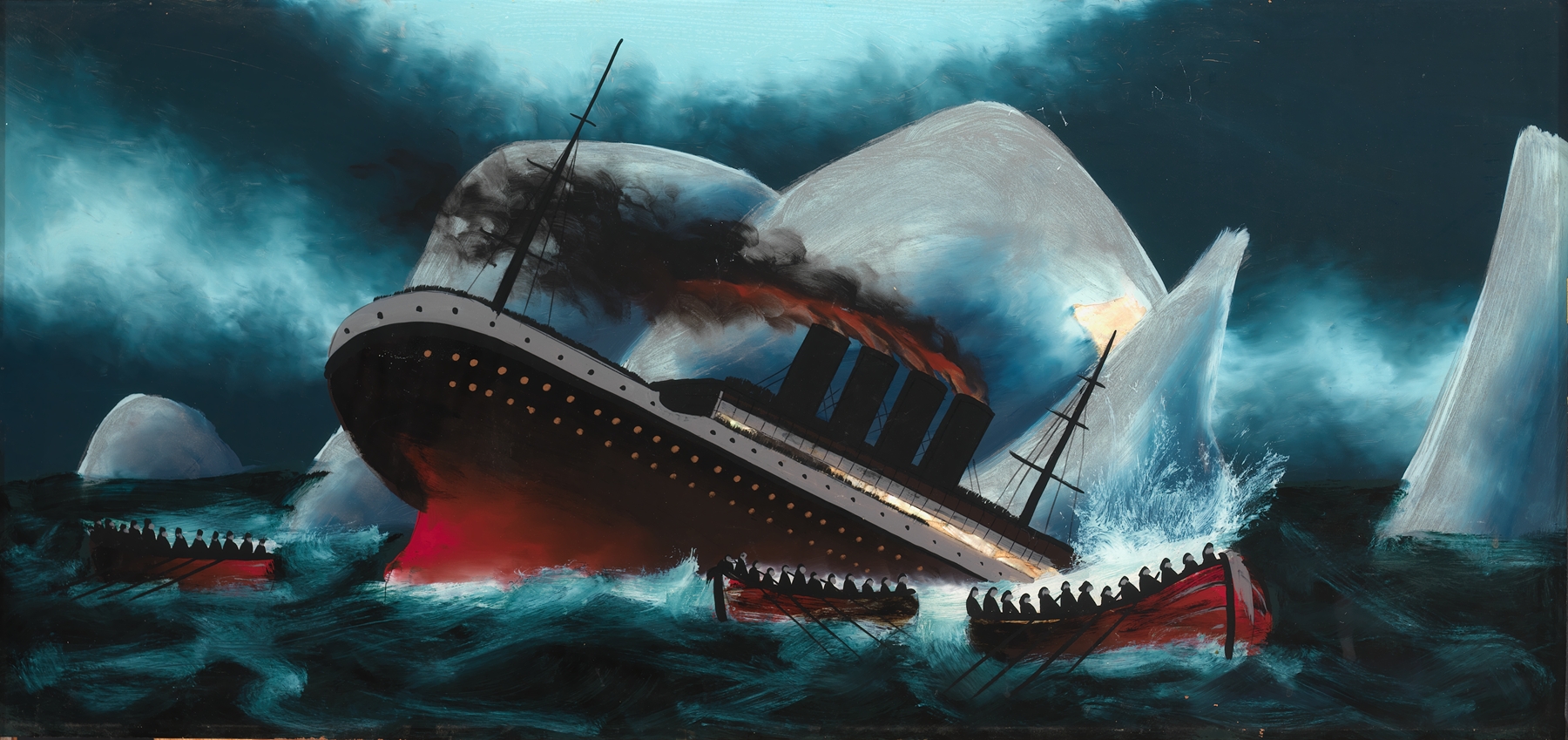 Expressionism artwork depicting the Titanic sinking in tumultuous waves by Unknown Artist.