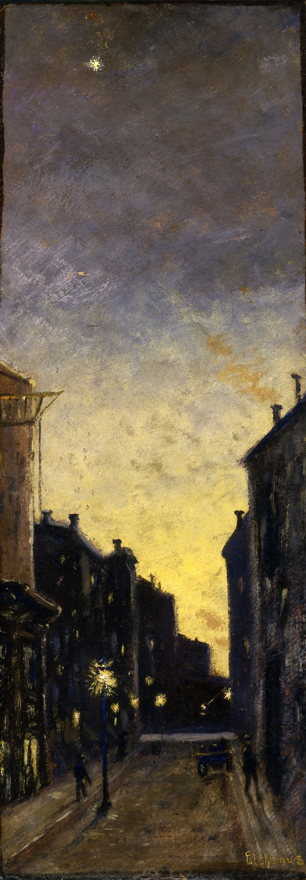 Fifty-Seventh Street by Louis Michel Eilshemius, oil on canvas depicting a serene city street with soft light.