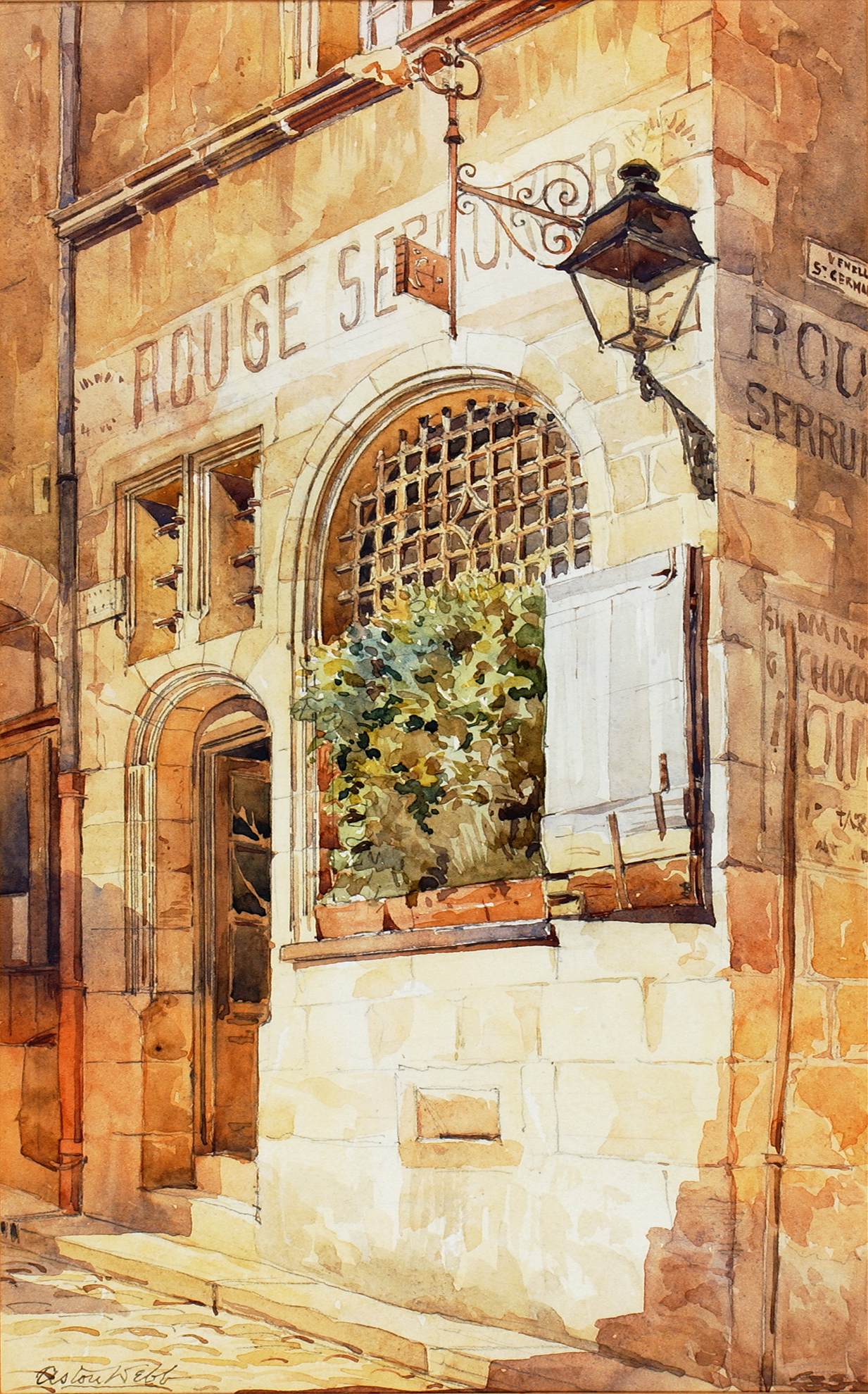 Locksmith’s Shop by Sir Aston Webb, oil on canvas, depicting tools and light in an interior setting.