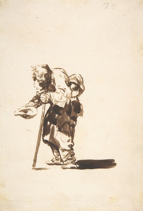 A beggar holding a staff in his left hand, depicted by Francisco de Goya.