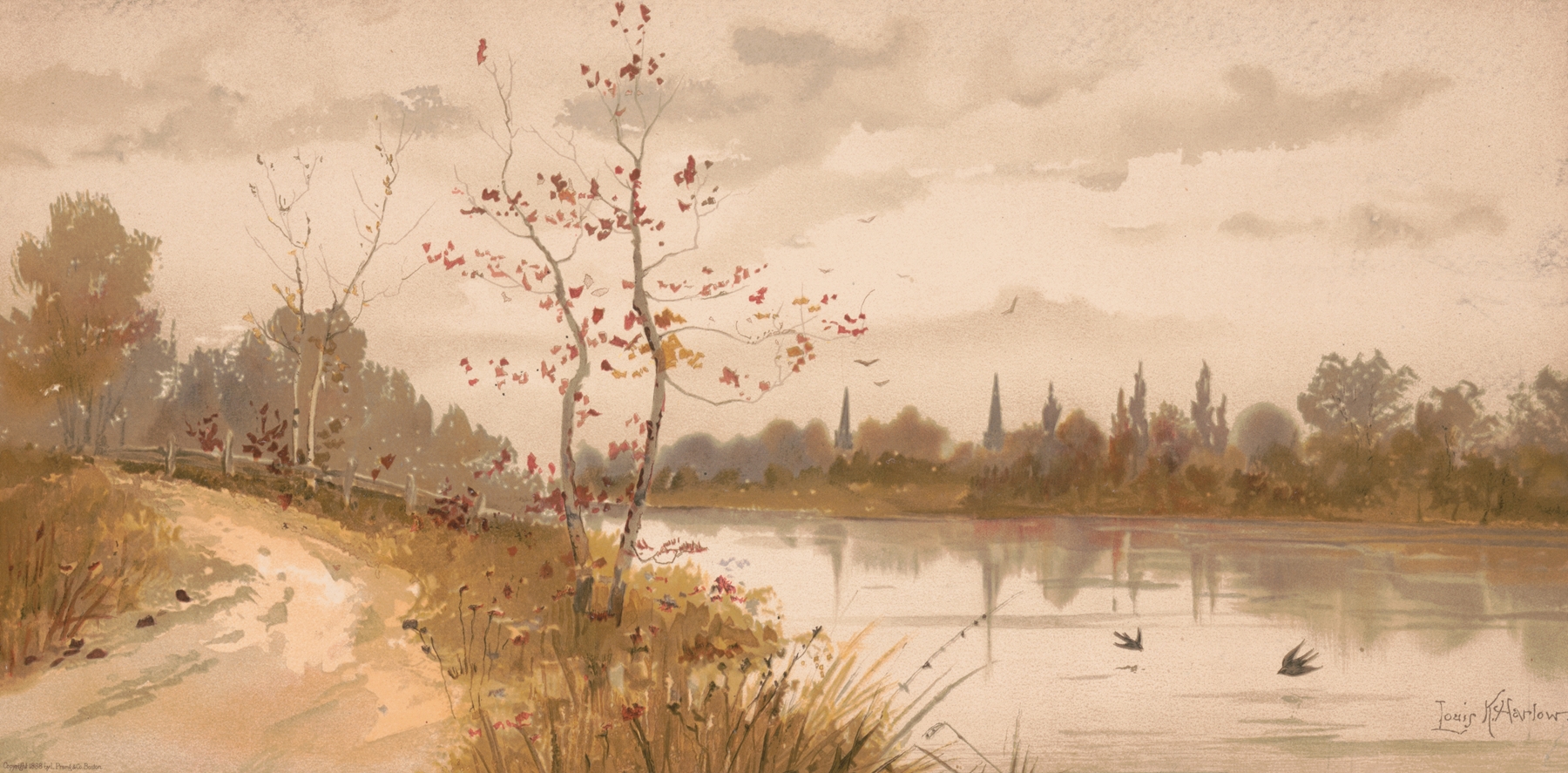A river path by Louis Kinney Harlow, impressionism, depicting a serene landscape with water and foliage.
