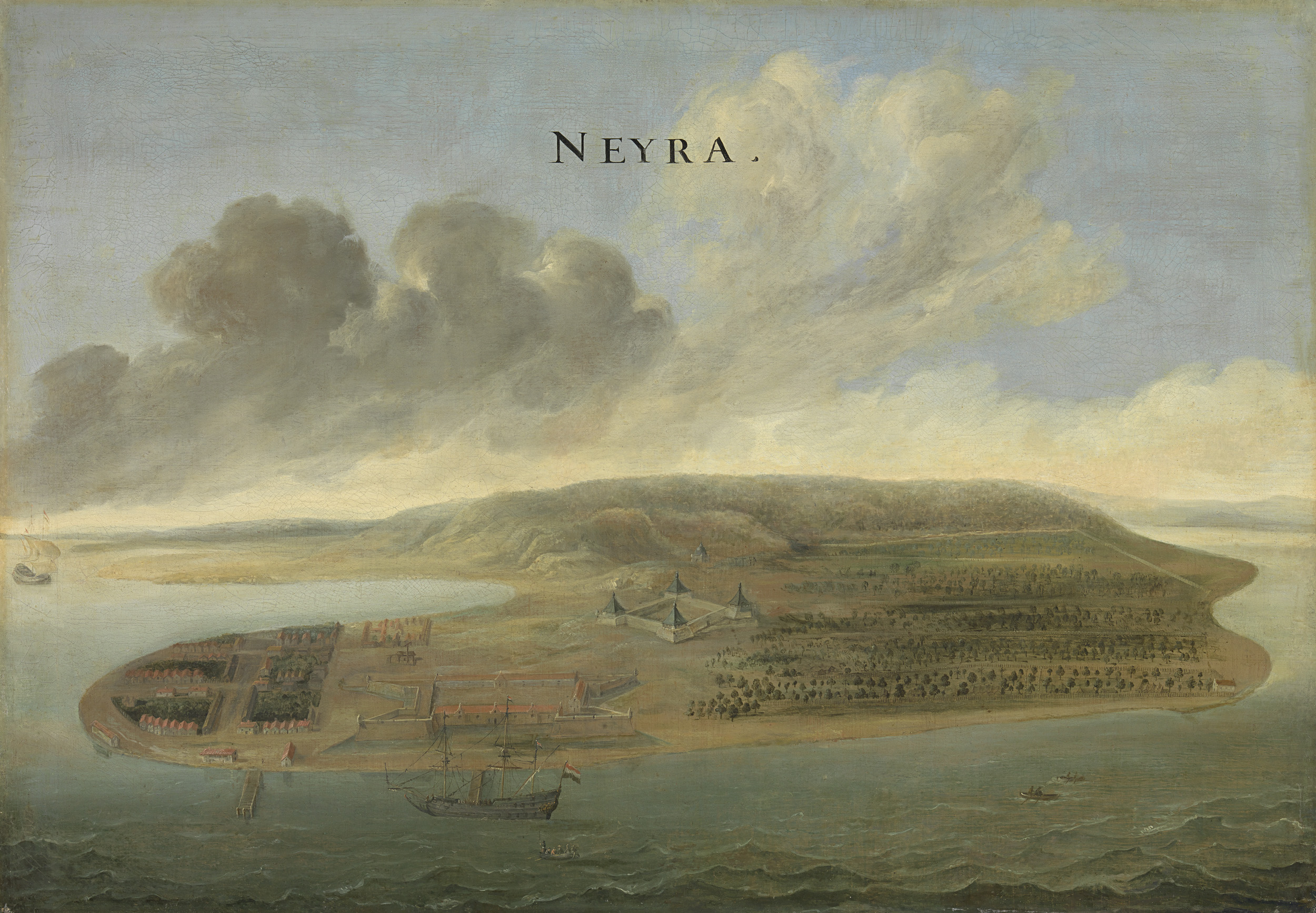 Two Views of Dutch East India Company Trading Posts, oil on canvas by Johannes Vinckboons