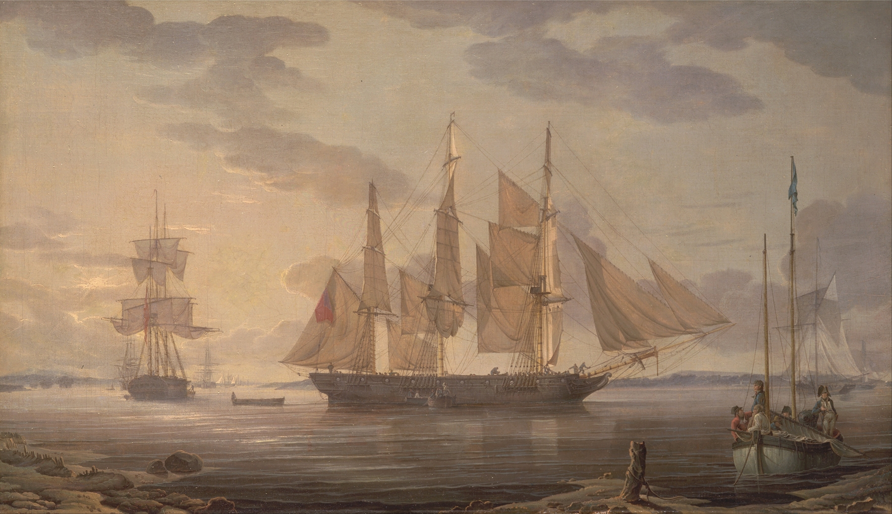 Ships in harbor, by Robert Salmon, public domain