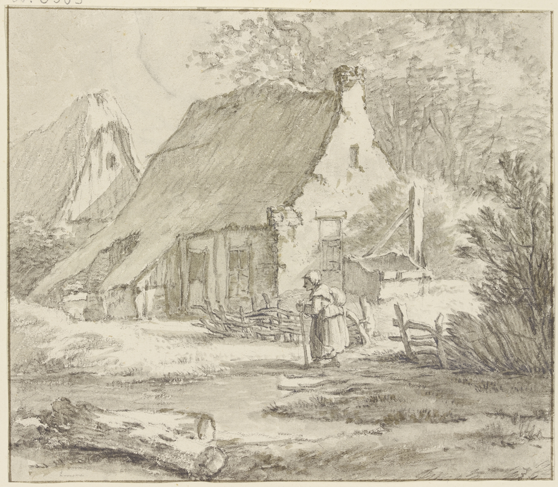 Bauernhäuser, davor ein altes Weib nach links sehend, vorne links zwei Baumstämme, by Jan Hulswit, public domain