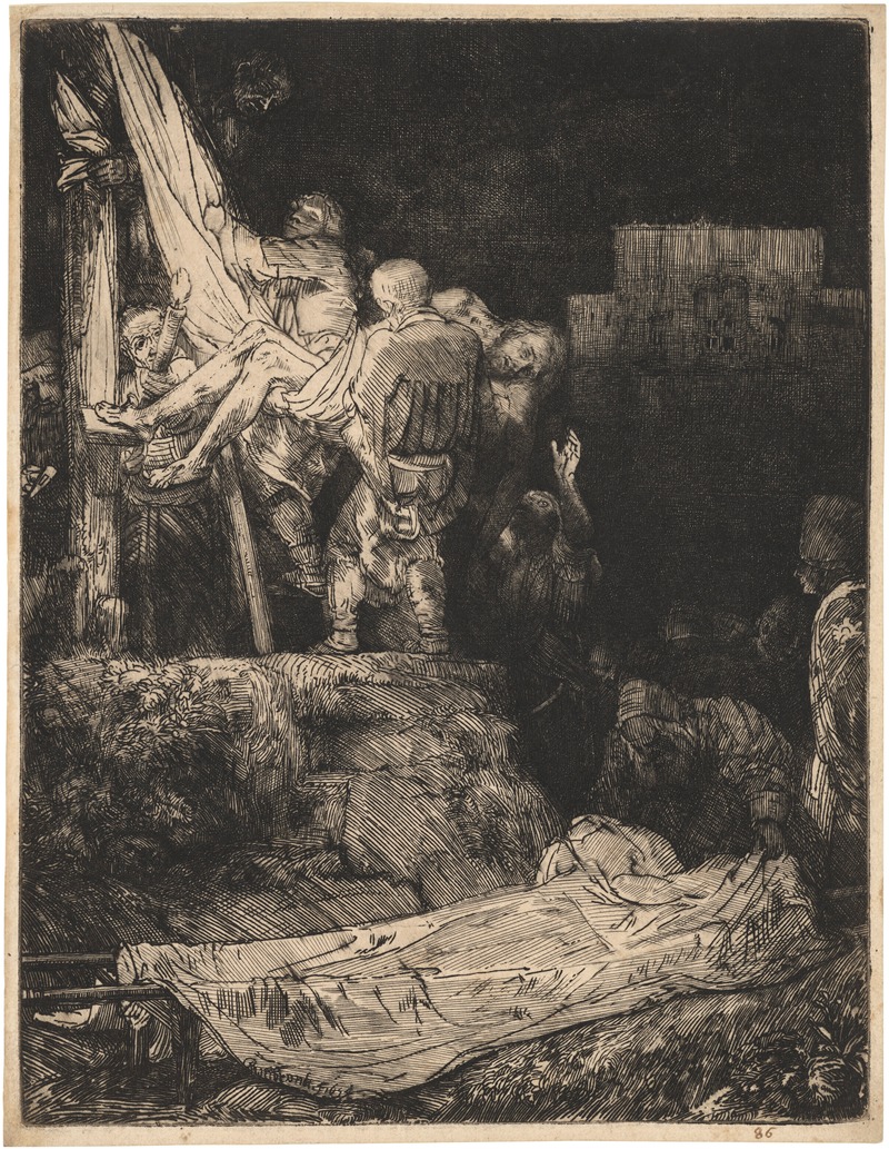 Rembrandt's 'The Descent from the Cross by Torchlight' captures a dramatic moment with rich colors and intricate details.