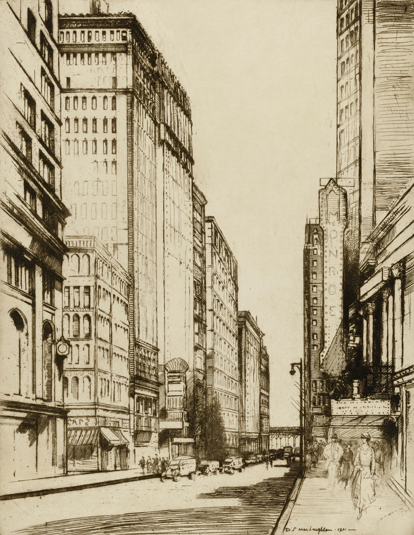 Urban landscape oil painting by Donald Shaw MacLaughlan depicting a bustling street with buildings.