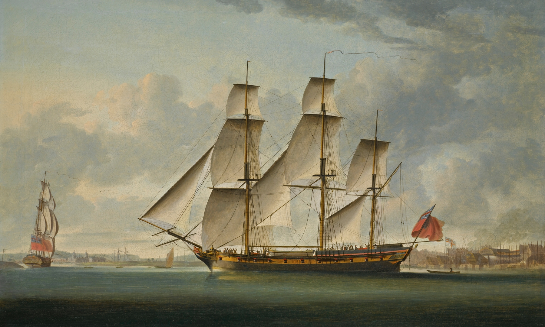 The East Indiaman Delaford, In Two Positions, Passing Deptford, The Royal Hospital At Greenwich Beyond, by Robert Dodd, public domain