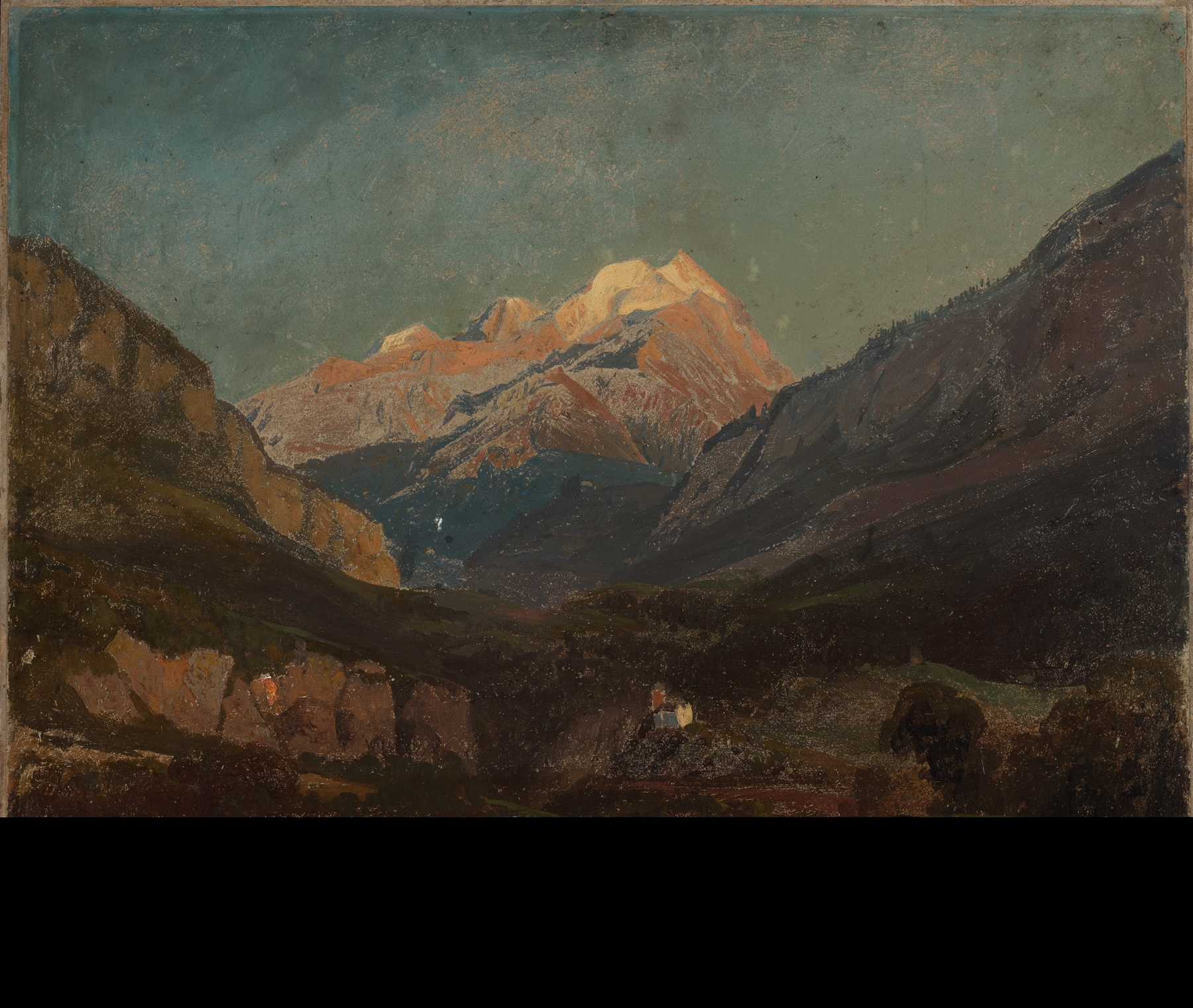 Schweizer Gebirgslandschaft mit Kapelle und fernem Schneegipfel, by Johann Wilhelm Schirmer, public domain