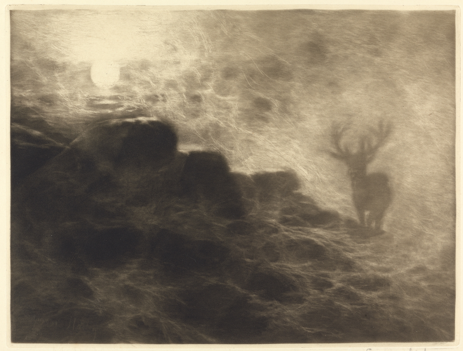 Figurative scene of dawn with a figure emerging from shadows, etching by Francis Seymour Haden