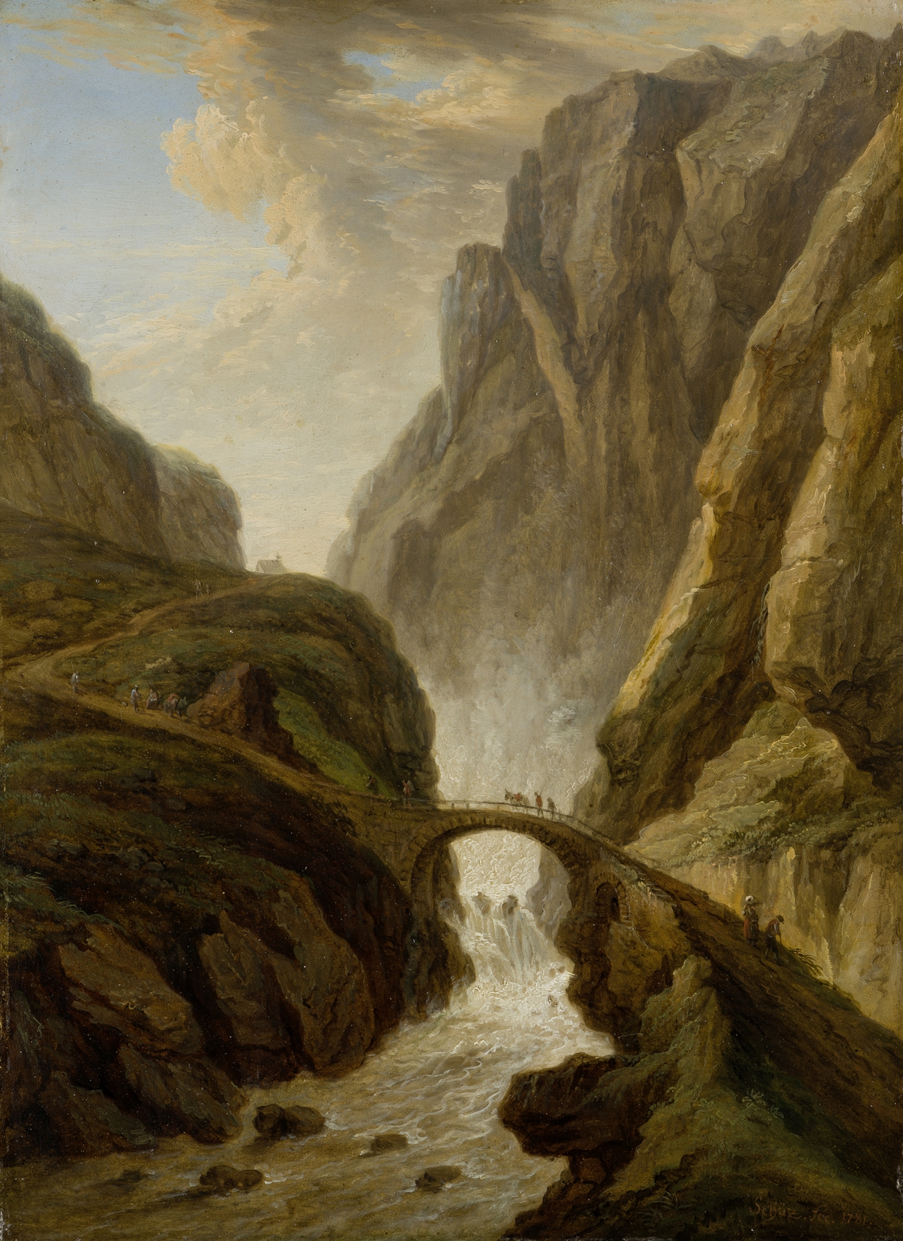 Landscape featuring a bridge over a river, oil painting by Christian Georg Schütz the elder