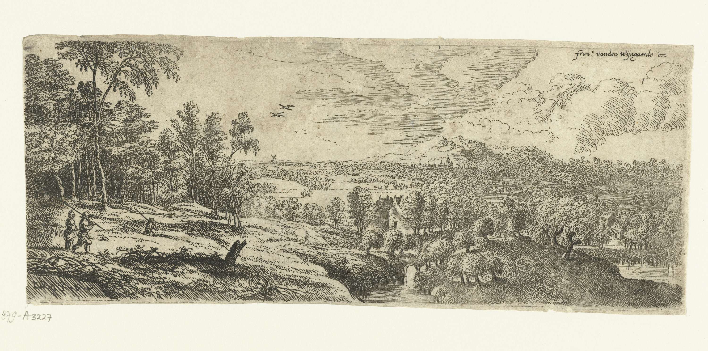 Landschap met mannen die stokken dragen, etching by Lucas van Uden, depicting men in a green landscape.