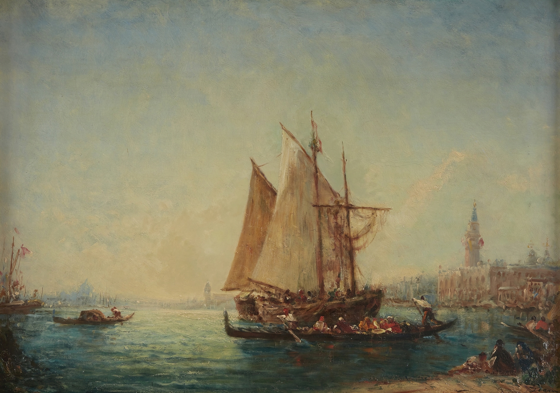 Gondolas on water with a pastel sky, oil on canvas by Félix Ziem