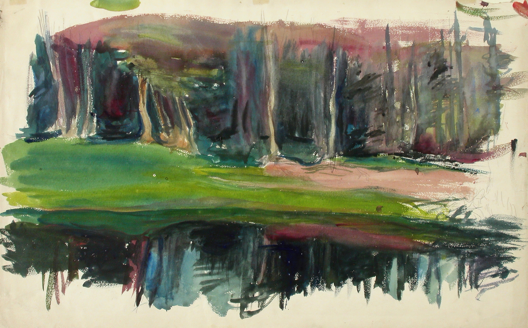 Landscape by Magnus Enckell, oil on canvas depicting a serene horizon with vibrant colors.