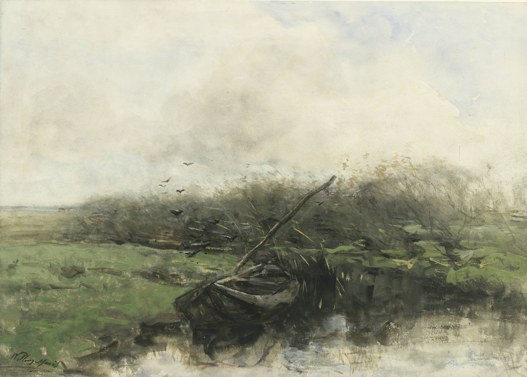 Rowboat gliding through a canal, oil painting by Willem Maris
