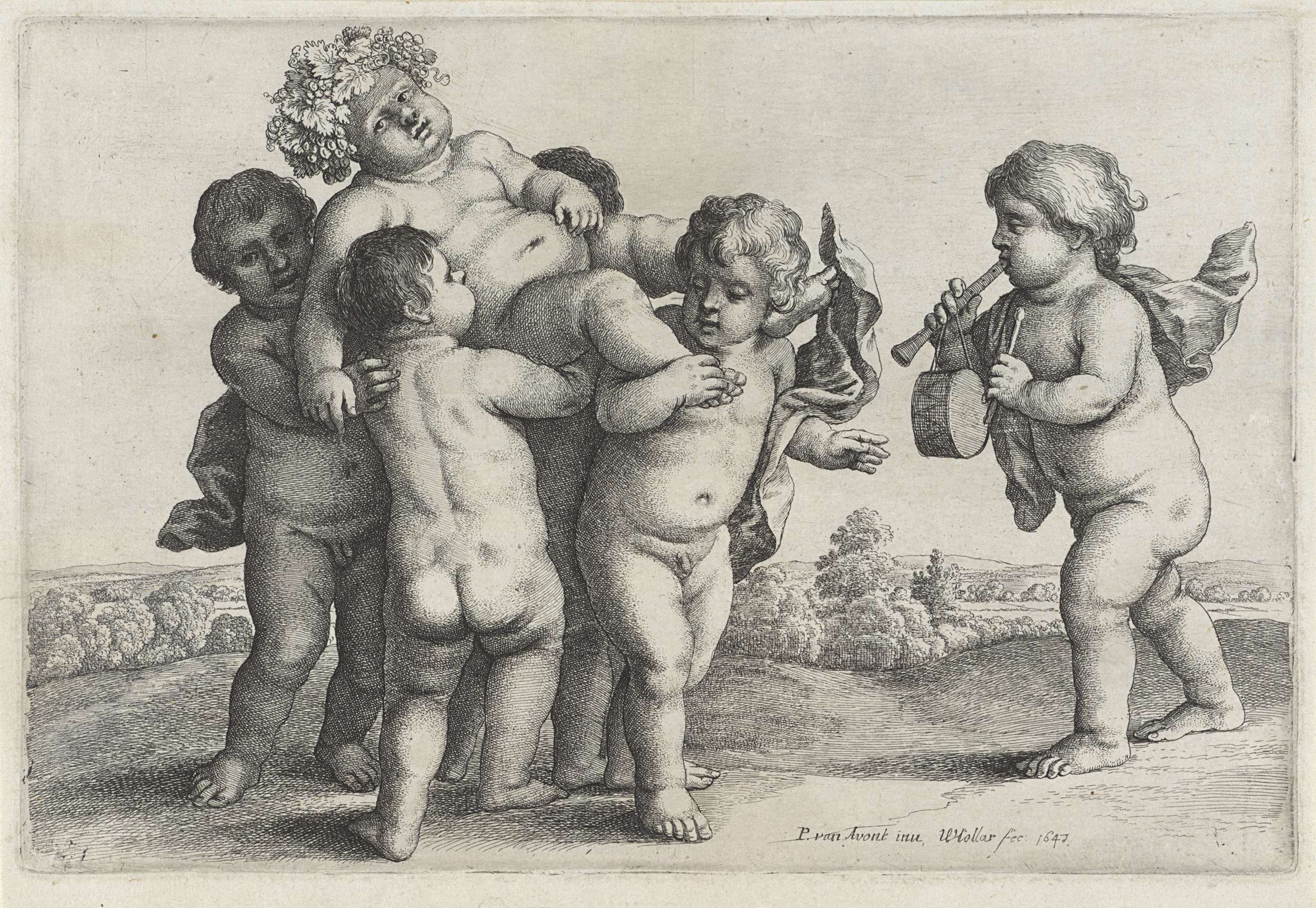 Five boys carrying a youth crowned with vines, etching by Wenceslaus Hollar