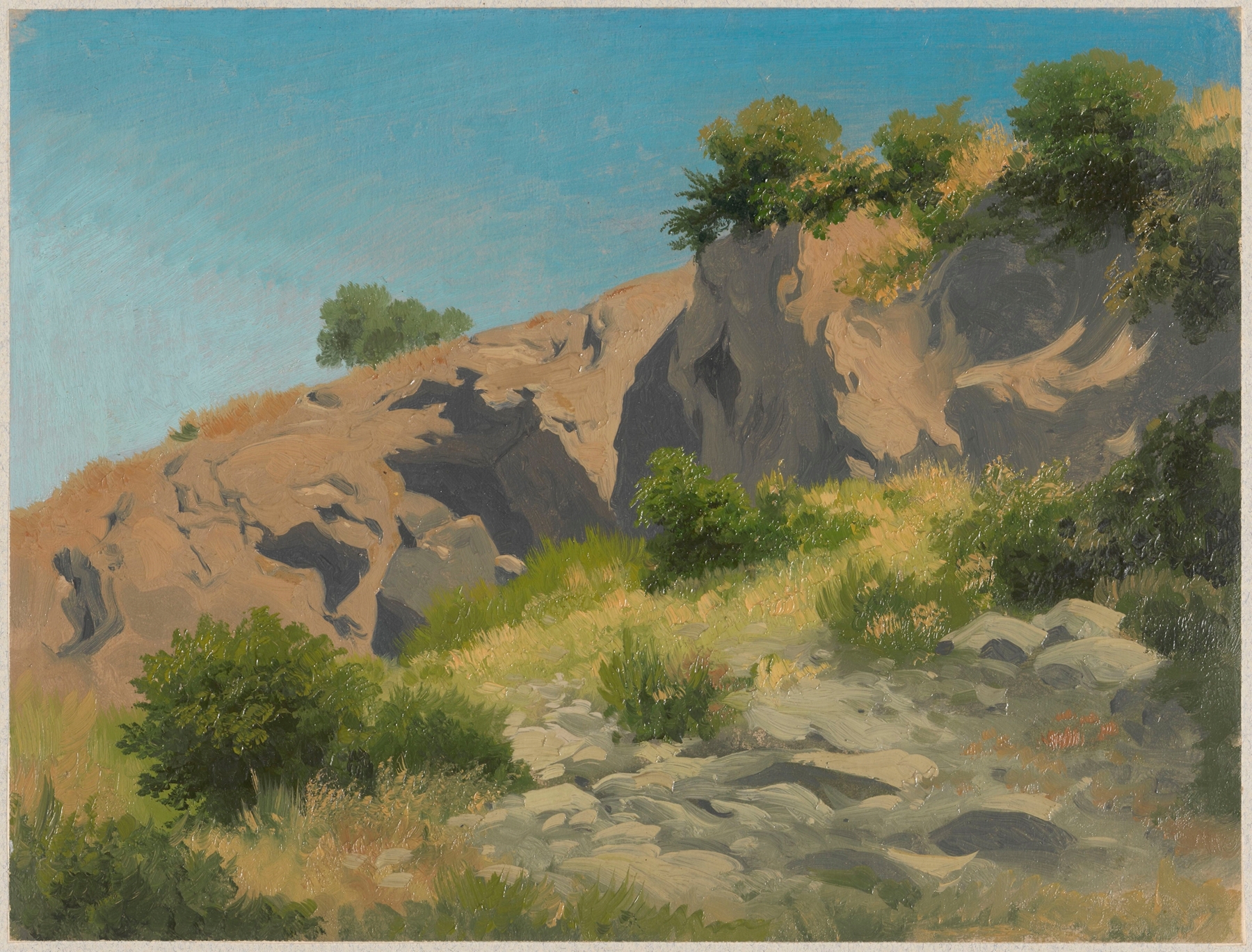 Entry to rock caves overgrown with bushes, oil painting by Arthur Blaschnik