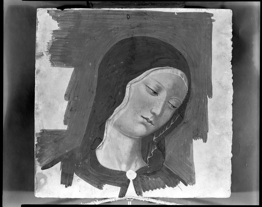 Head of a Madonna by Federico Ioni, wood medium, religious portrait