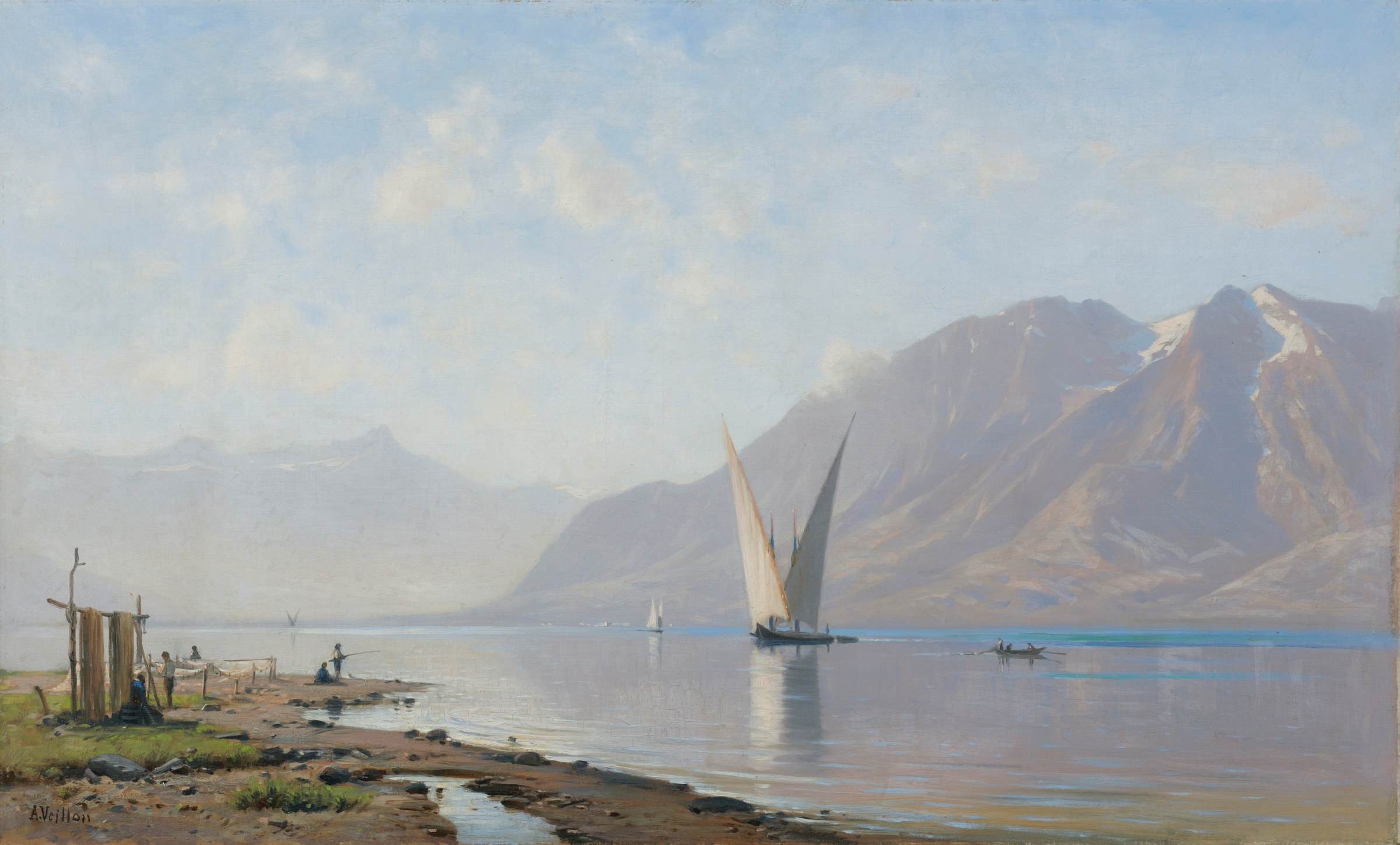 Lake Geneva oil painting by Auguste Veillon, depicting a tranquil lake meeting the sky.