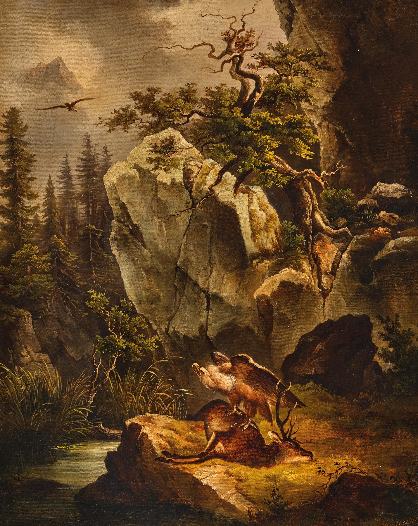 A griffon vulture perched on a dead deer, oil painting by Jakob Canciani
