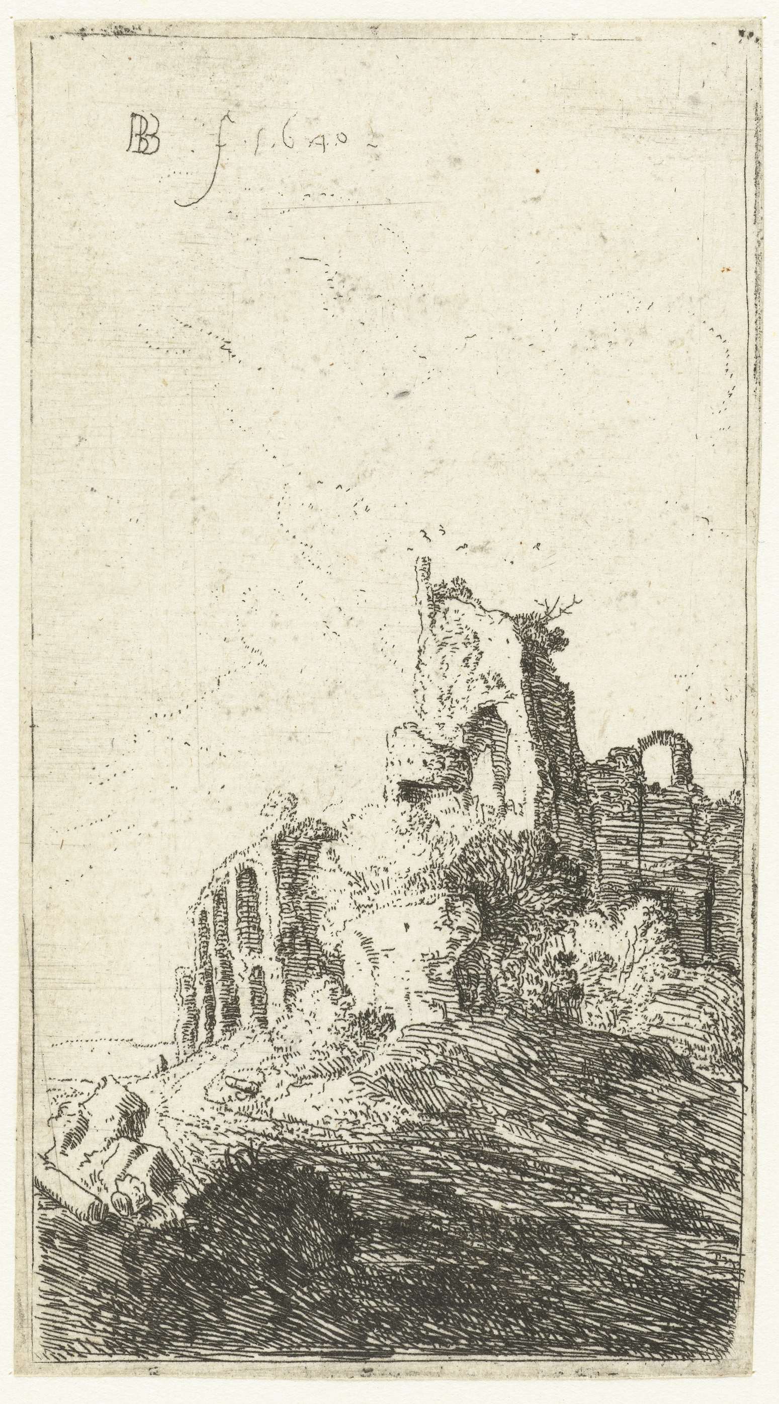 Ruïnes van keizerlijk paleis te Rome, etching by Bartholomeus Breenbergh depicting ancient arches and ruins.