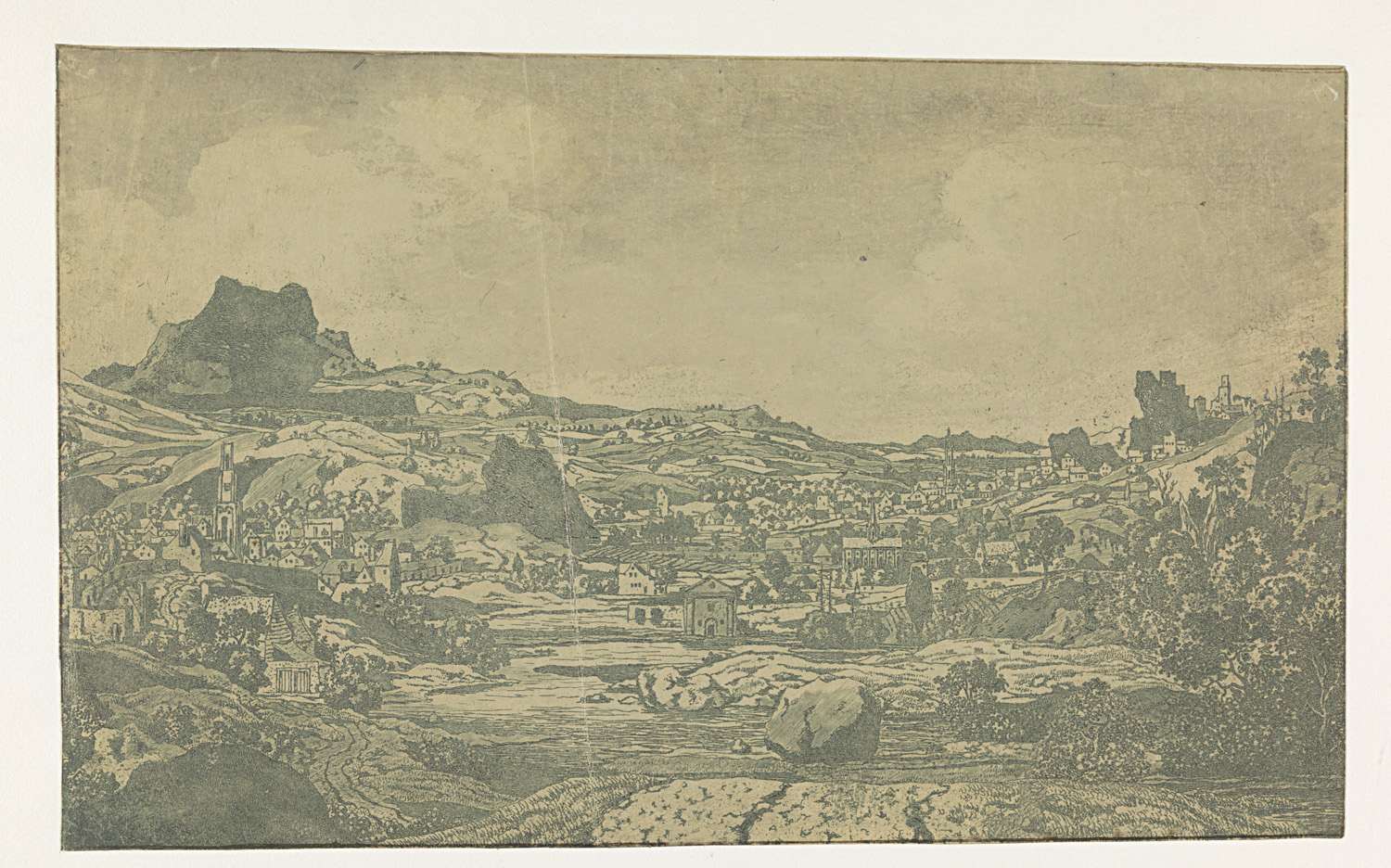 Valley with a River and a Town with Four Towers, by Hercules Segers, public domain