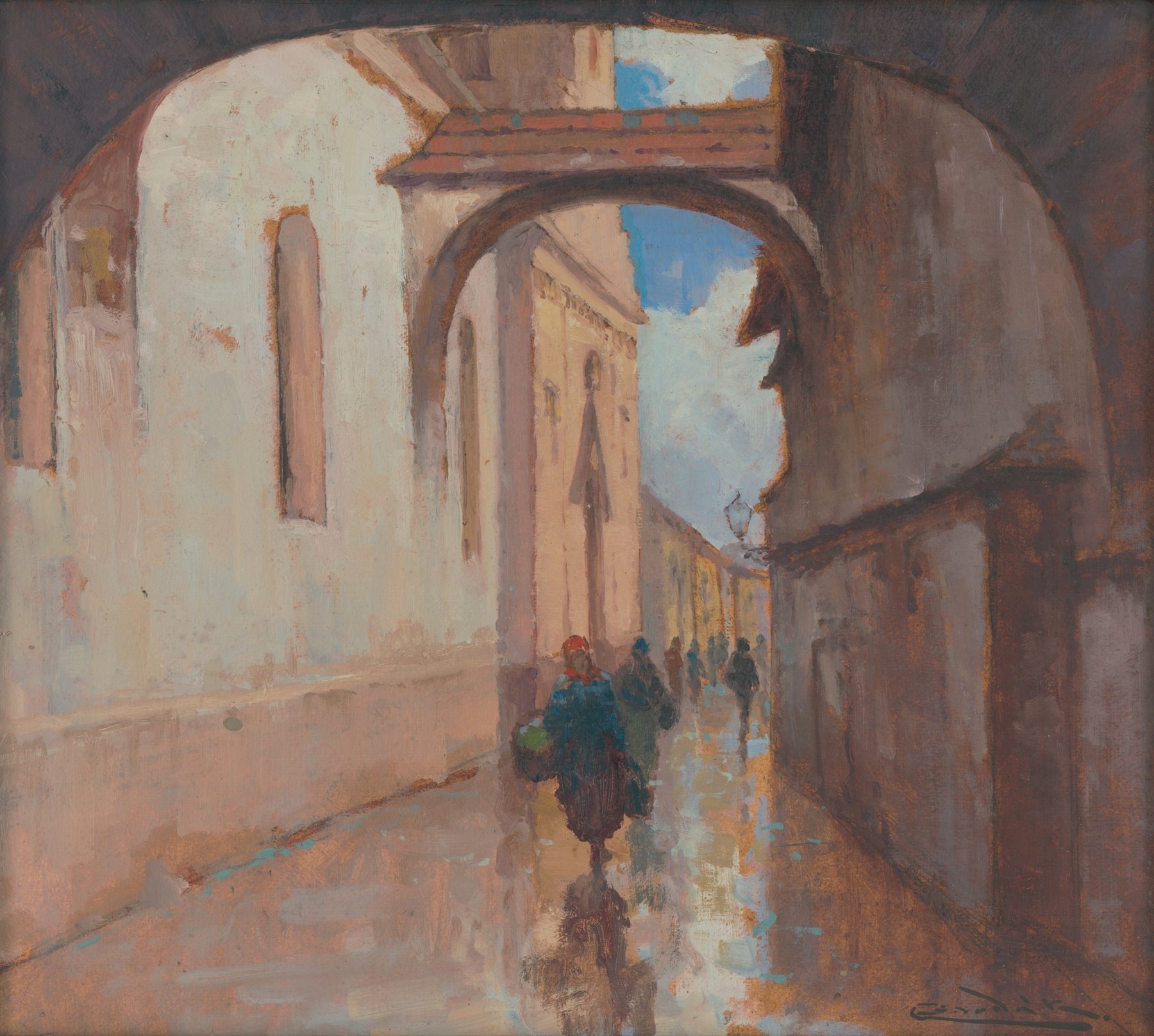 Hrčiarska street in Košice by Ľudovít Čordák, oil on canvas depicting sunlight and trees.