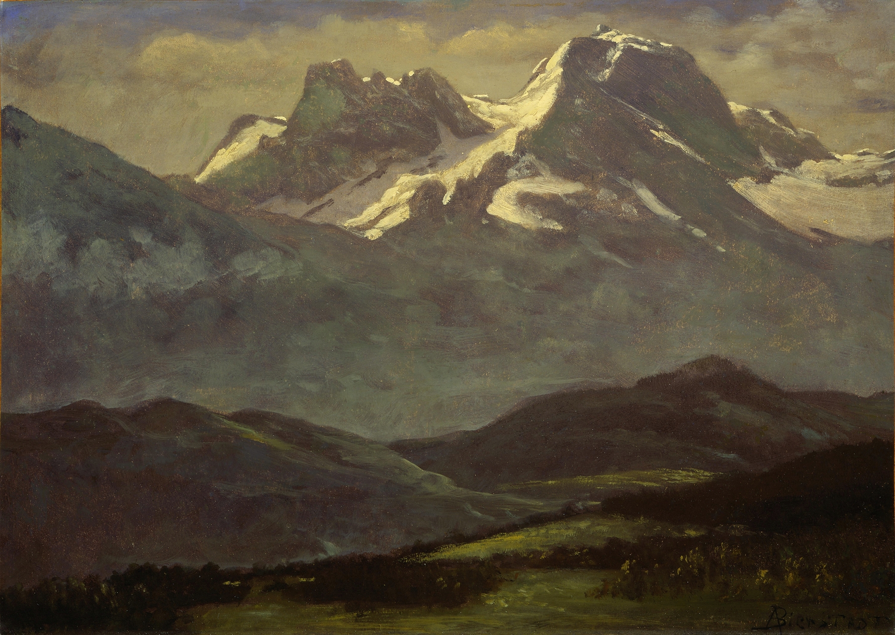 Snow-capped mountains in a Romanticism style by Albert Bierstadt