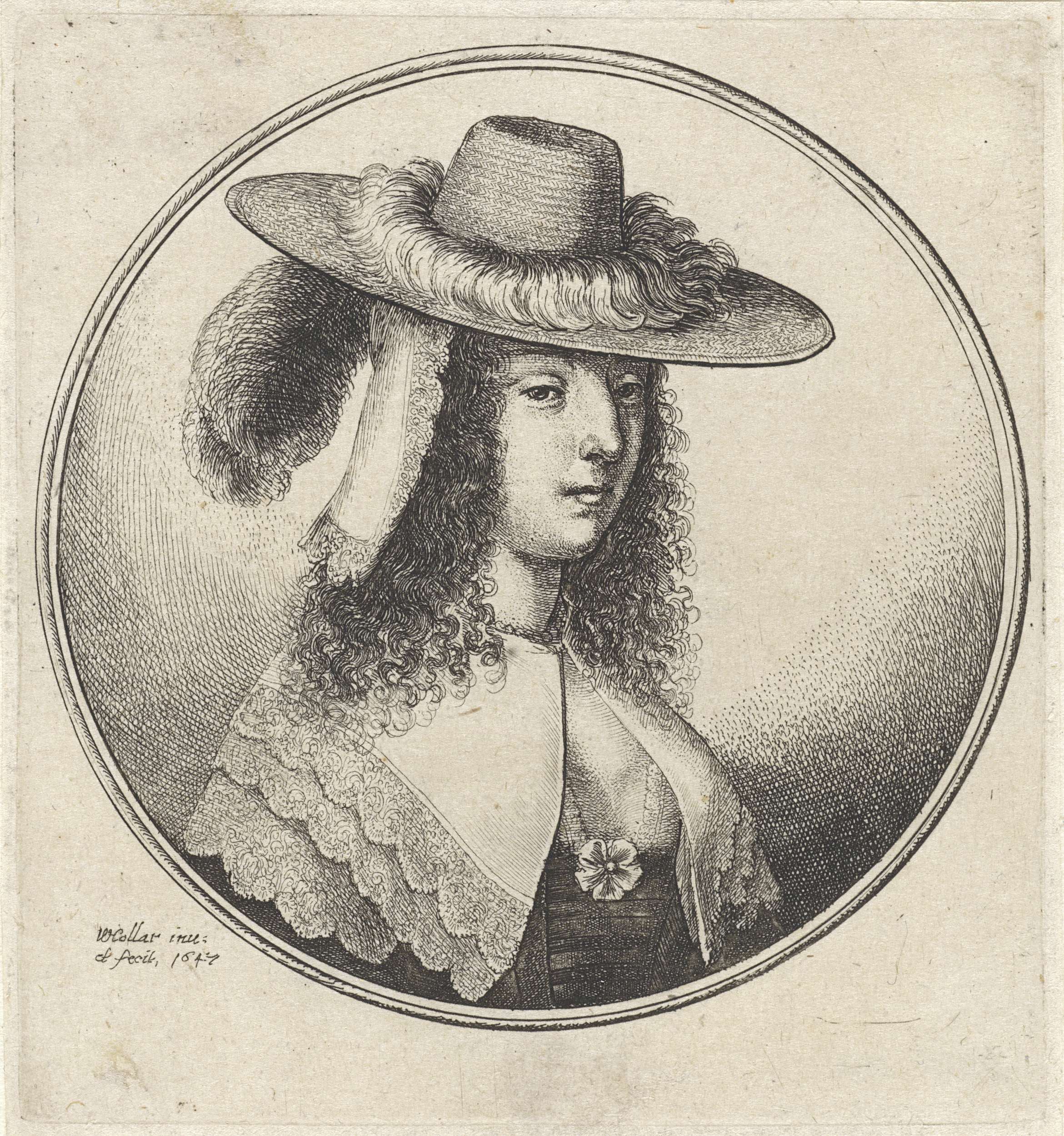 Portrait of a woman with a lace collar and feathered hat, etching by Wenceslaus Hollar