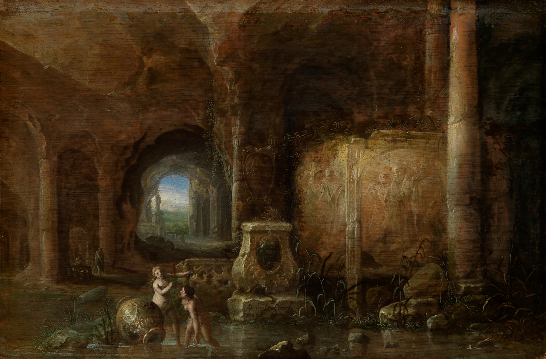 Grotto with ancient sculptures and bathing women, oil painting by Abraham van Cuylenborch