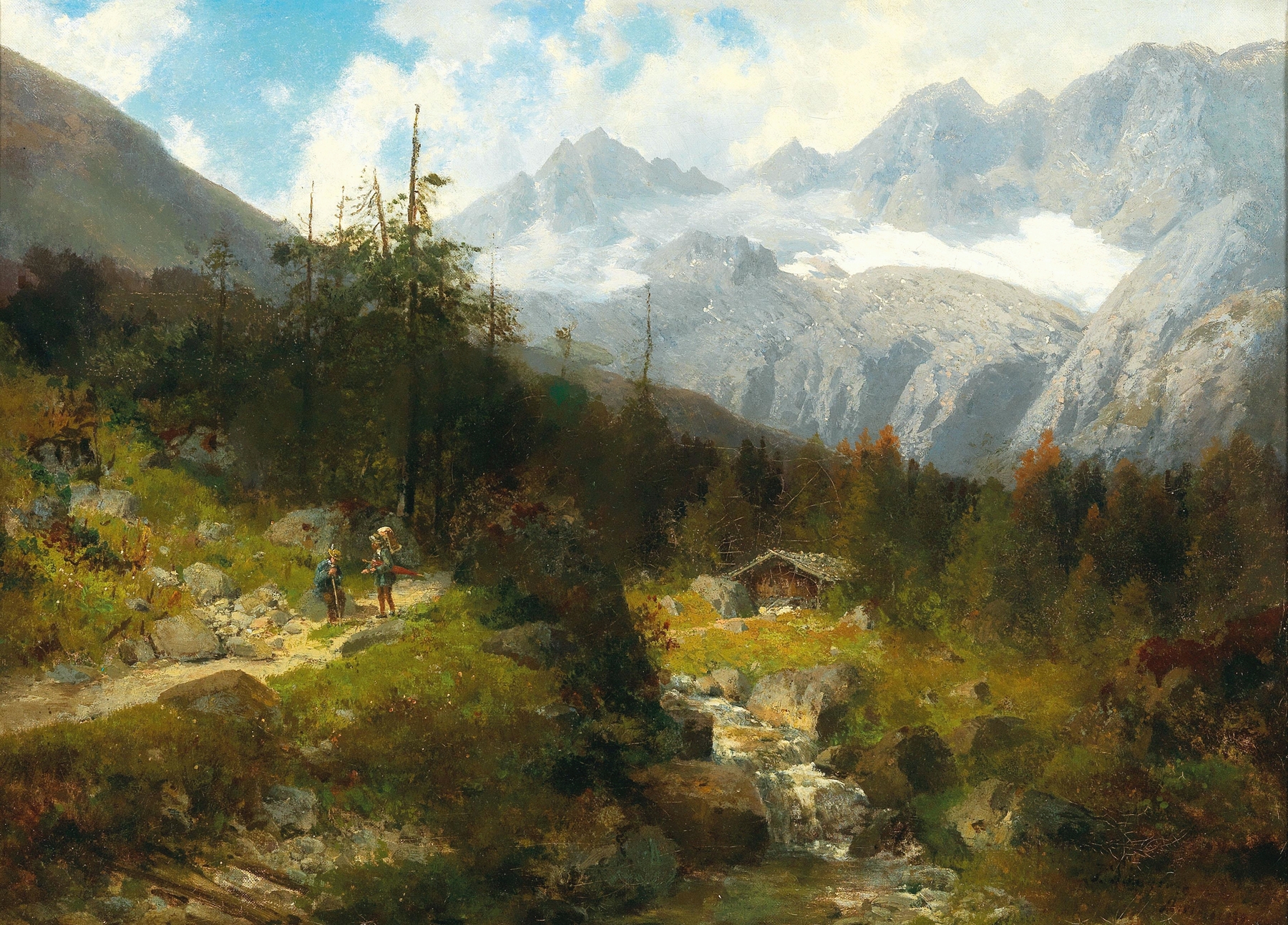 Oil painting by Joseph Schoyerer depicting mountains, a river, and a lush sky