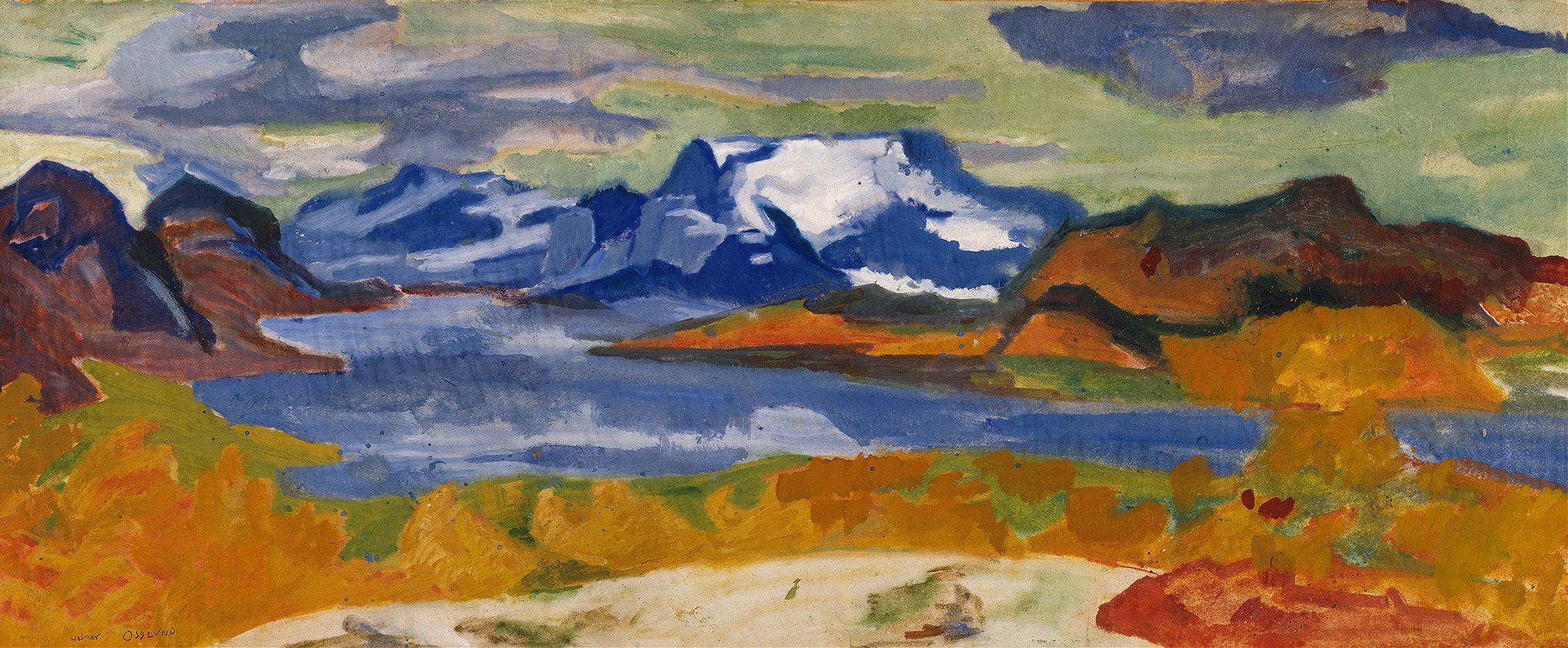 Oil on canvas by Helmer Osslund depicting a vibrant sunset over a landscape