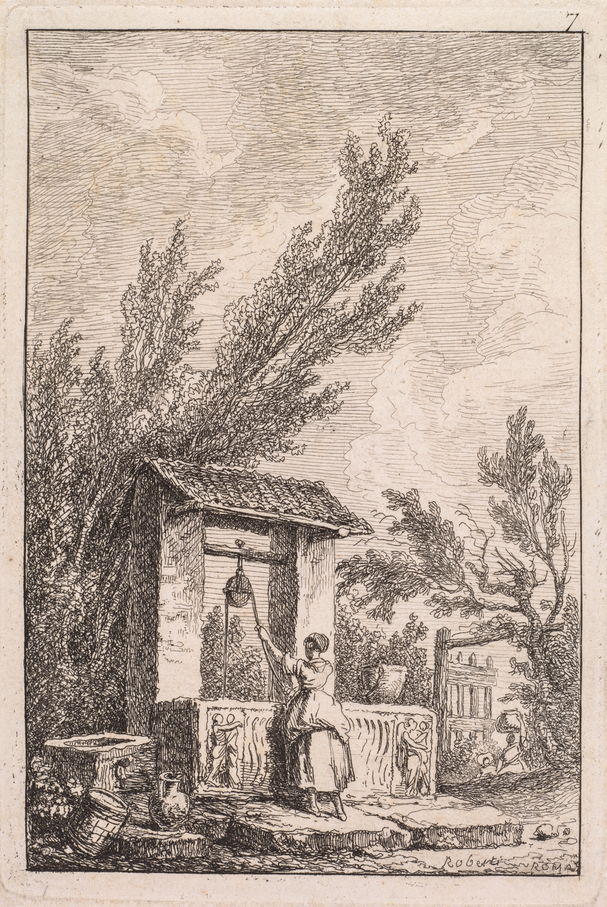 Le Puits by Hubert Robert, oil on canvas depicting a well with foliage and light.