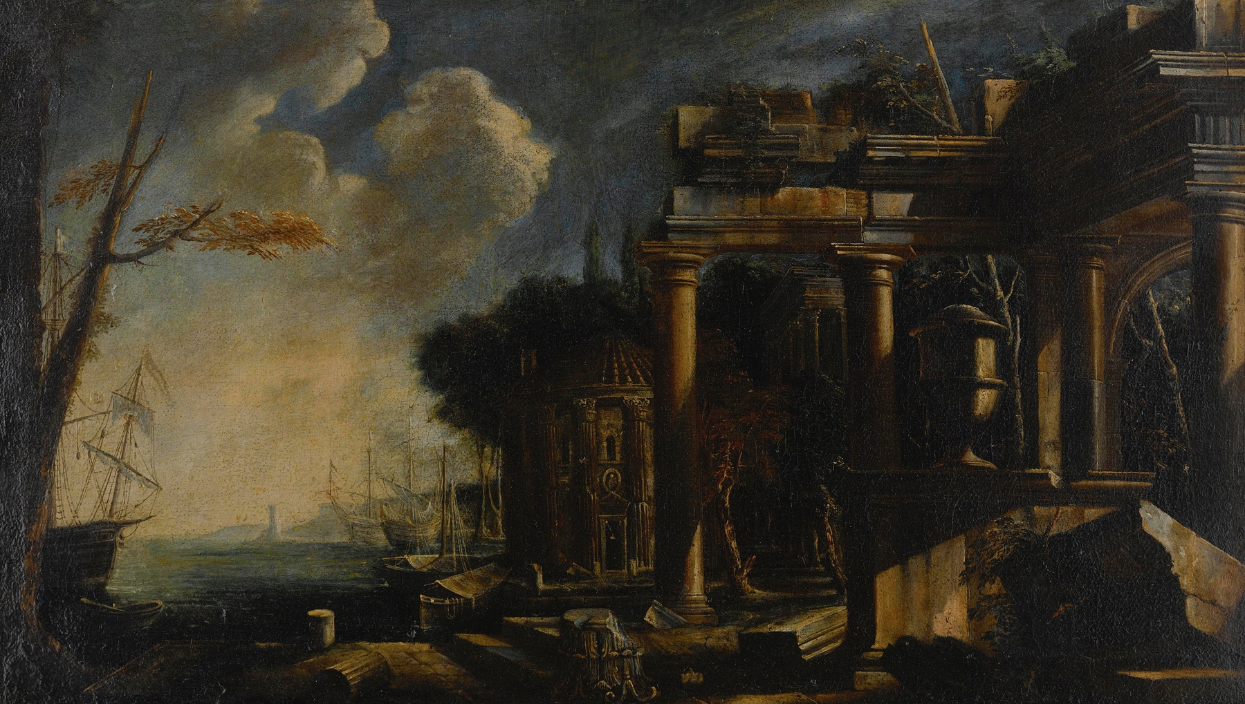 Oil painting by Niccolò Codazzi depicting ancient ruins with dramatic light and shadow.