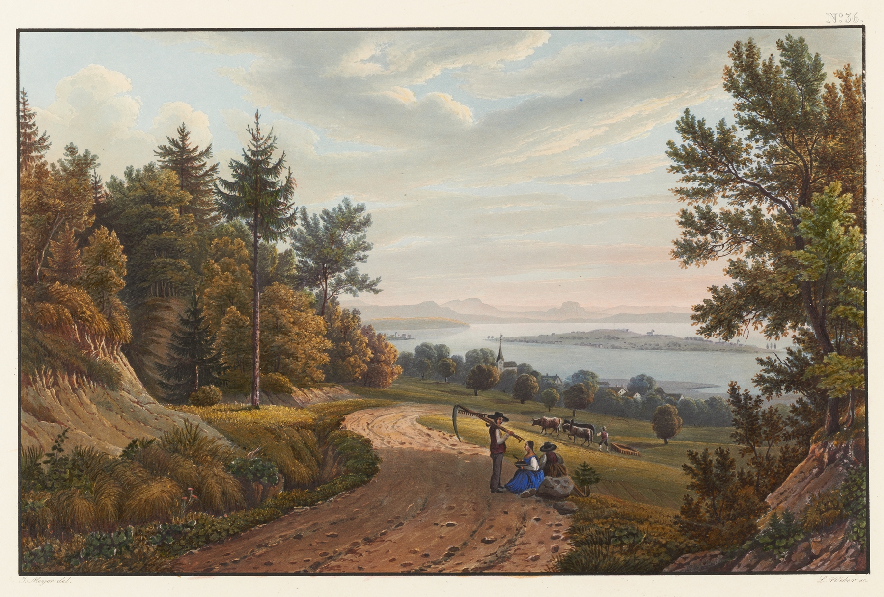 Vue de l’Jsle de Reichenau dans le lac de Constance by Johann Ludwig Bleuler, oil painting of a tranquil lake landscape.