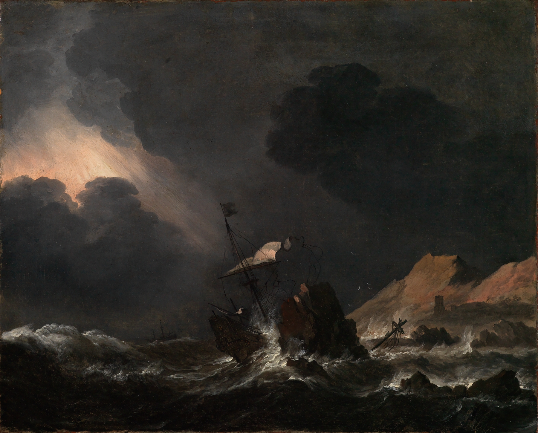 Seesturm mit strandendem Schiff by Jan Theunisz. Blanckerhoff, oil on canvas depicting a stormy sea.