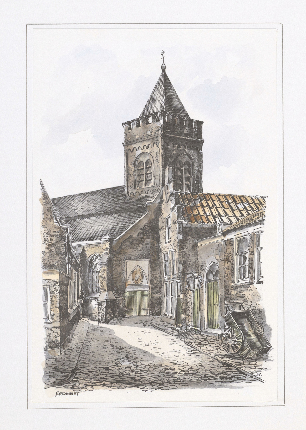 Modernism artwork by Bob Brobbel depicting St. Nicolaaskerk with a towering spire.