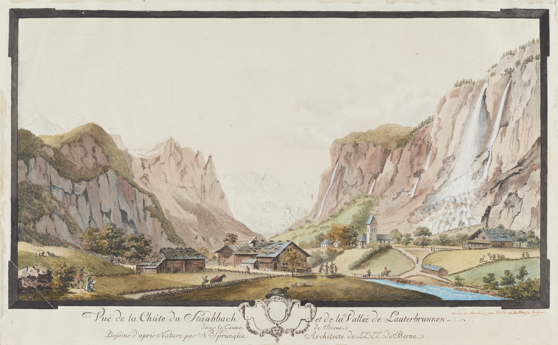 Landscape featuring a waterfall and valley by Niklaus Sprüngli