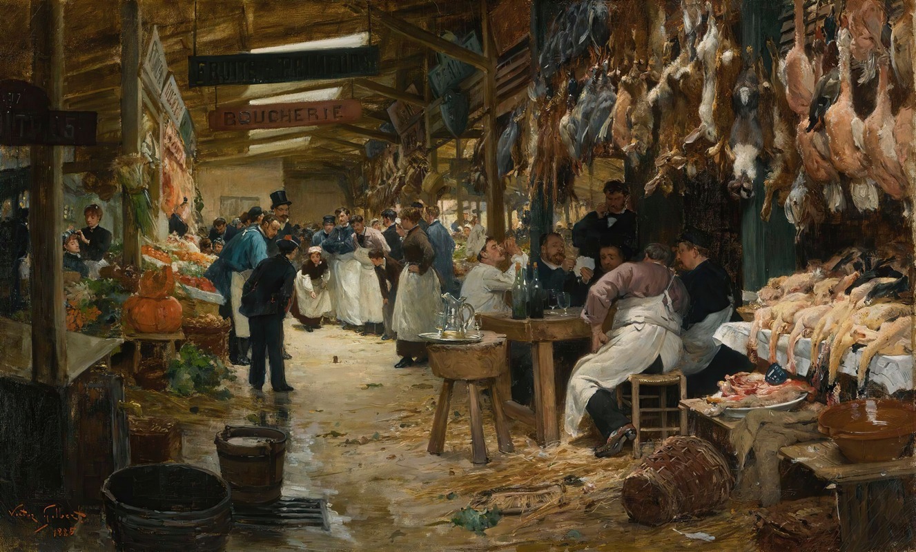 A bustling Parisian market scene painted by Victor Gabriel Gilbert.