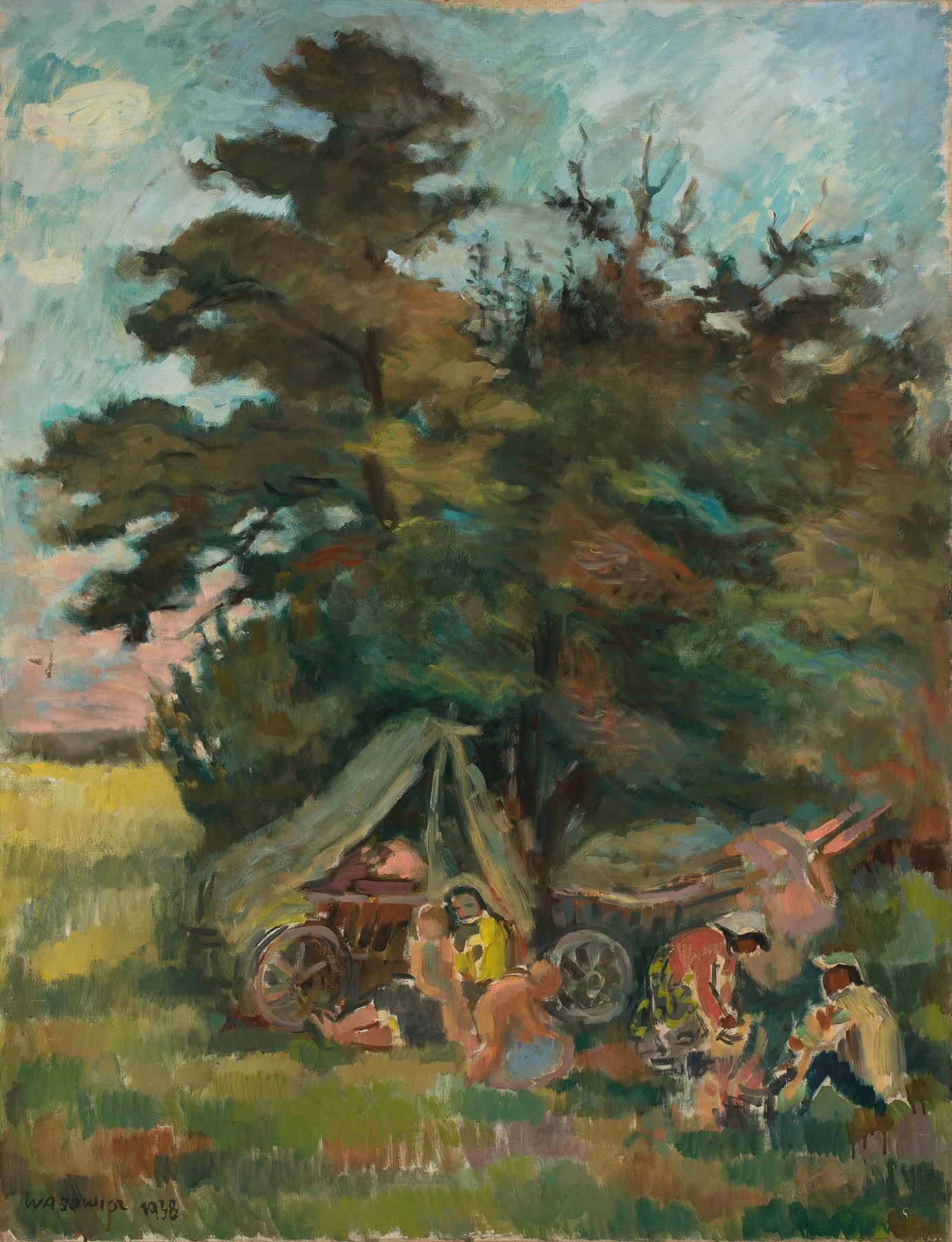 Obóz cygański pod drzewem, by Wacław Wąsowicz, public domain