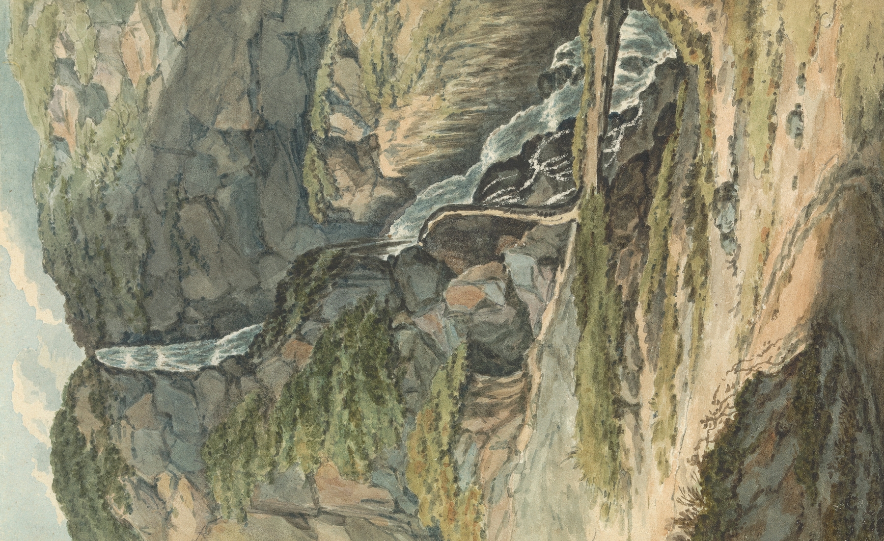 A Waterfall by Thomas Bradshaw, oil on canvas depicting cascading water and lush greenery.
