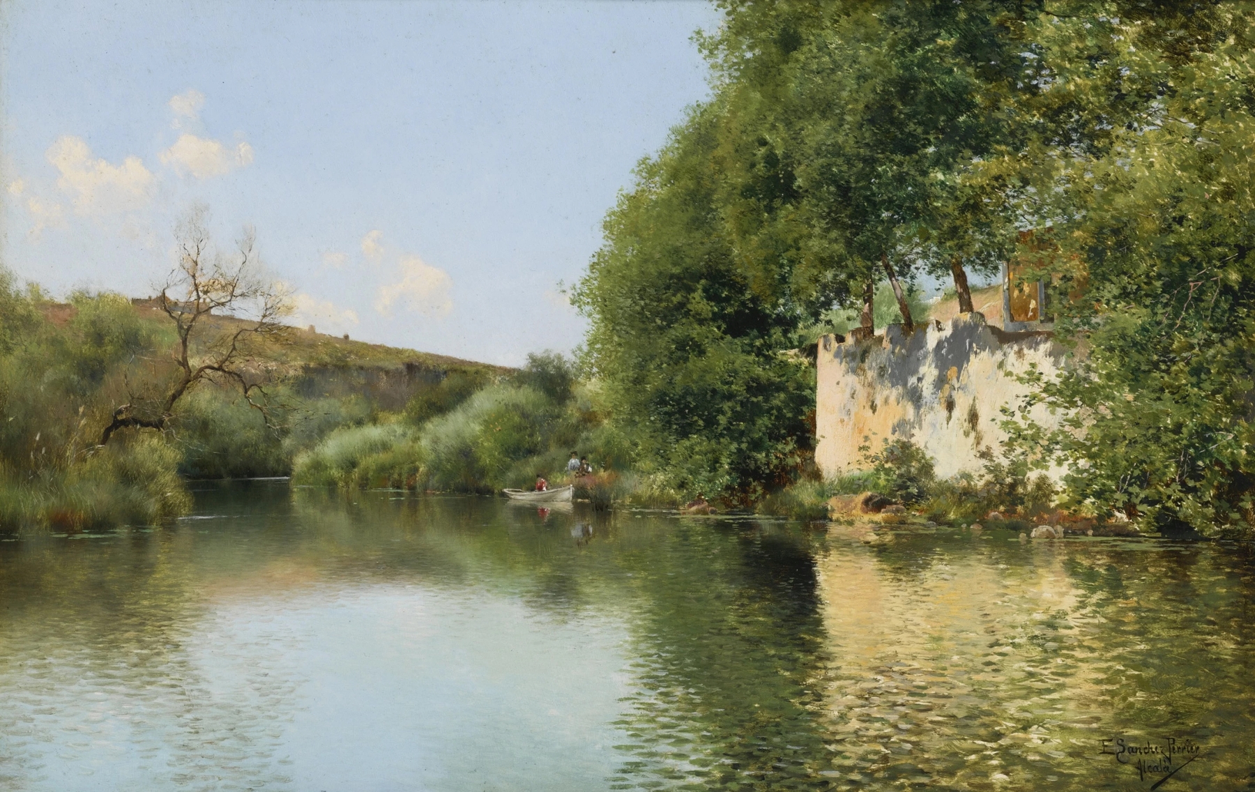 Boating Party at Rest, San Roque by Emilio Sánchez-Perrier, oil on canvas depicting figures by a river.