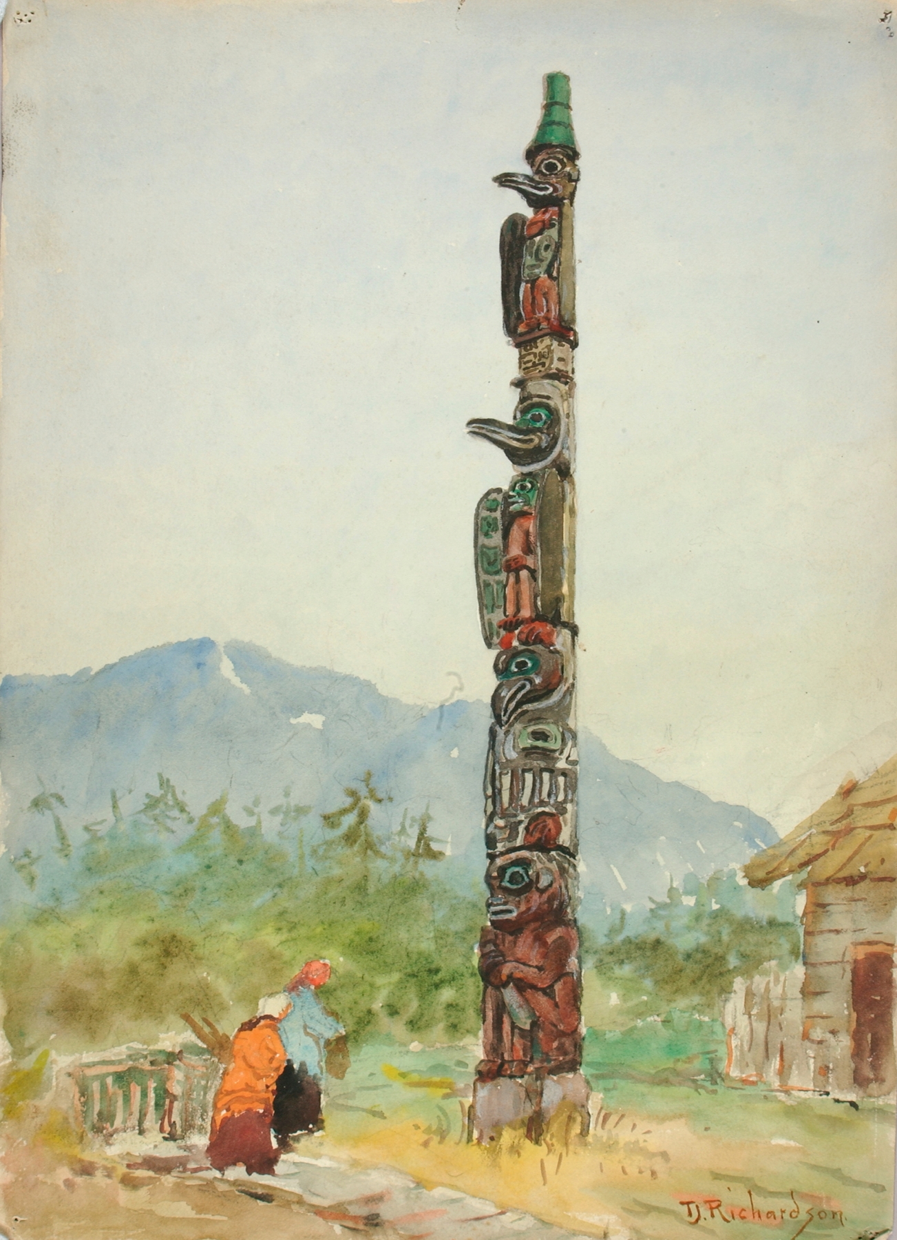 Figurative wood carving of a raven totem pole by Theodore J. Richardson