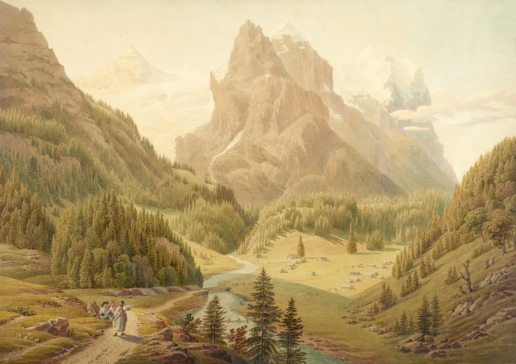 Landscape of snow-capped mountains by Gabriel Lory the Younger, oil painting