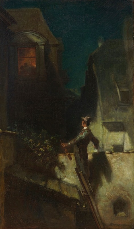 A romantic scene of a violinist playing under the moonlight.