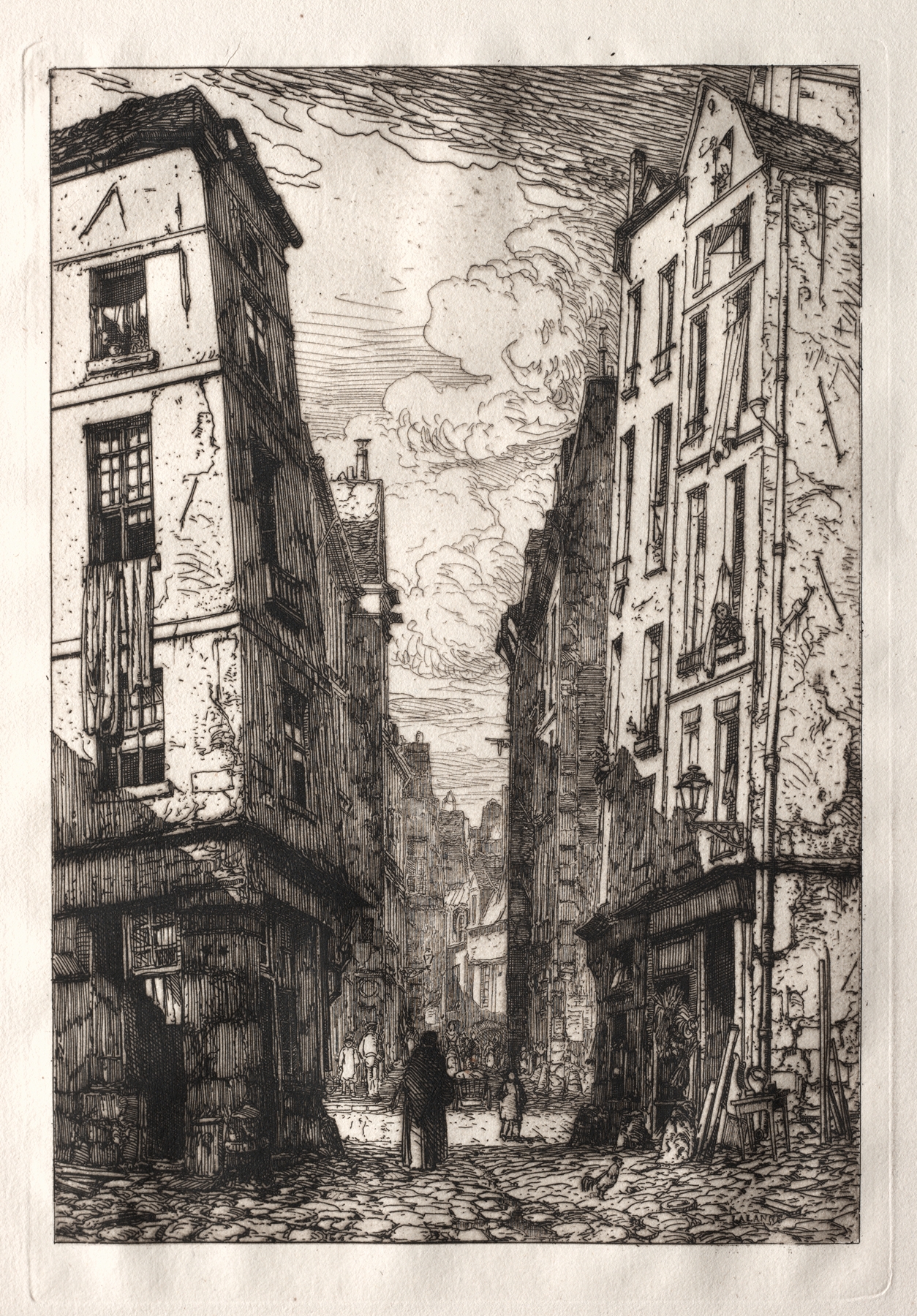 Engraving by Maxime Lalanne of Rue des Marmousets, featuring old Paris architecture.