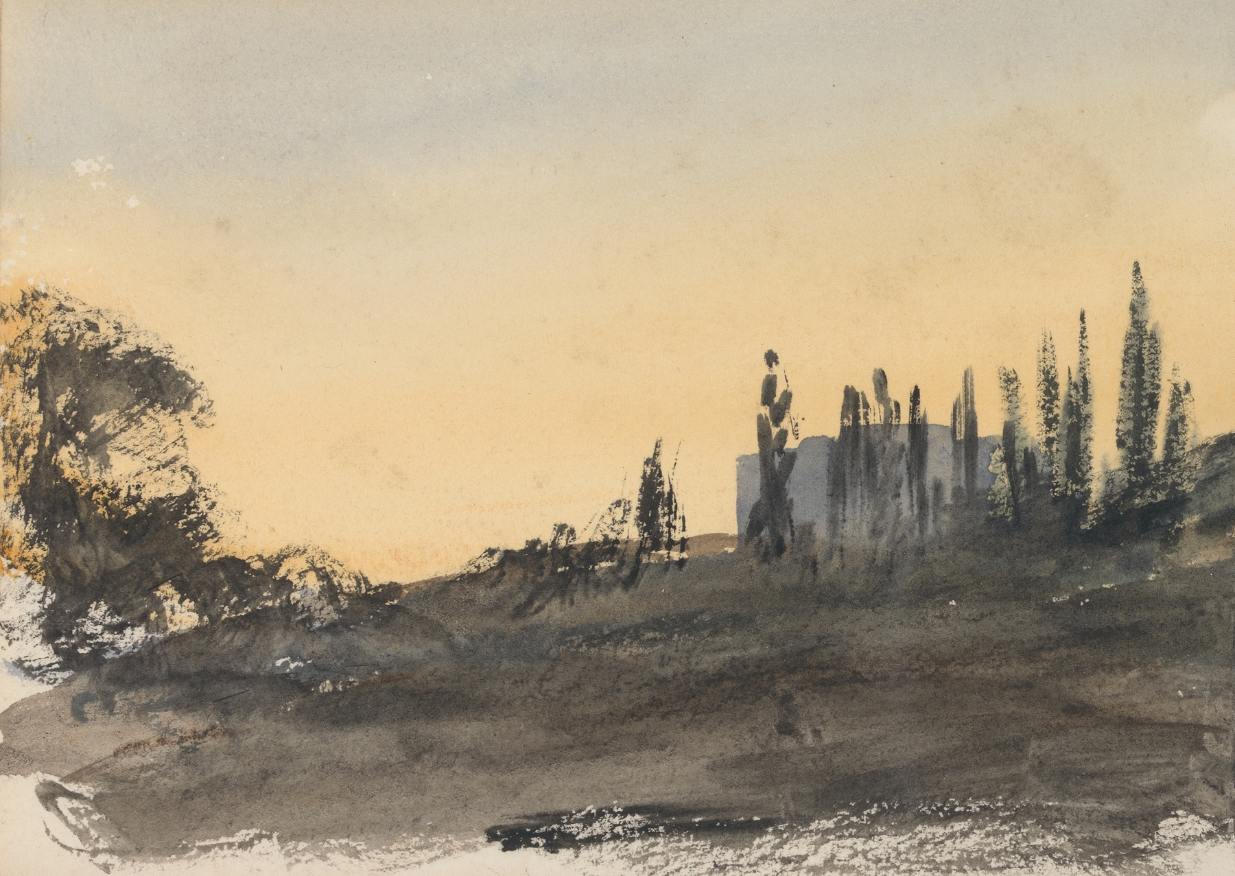Study of a Hill with Trees by Barbara Bodichon, watercolor on paper depicting a textured hill and trees