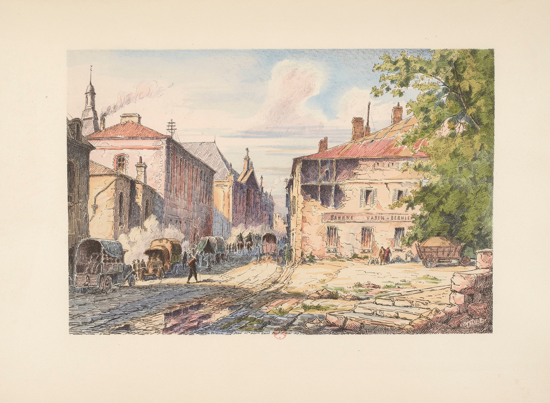 Verdun – Rue Saint-Paul by E. Tatin, oil on canvas showing a café in a war-torn city.
