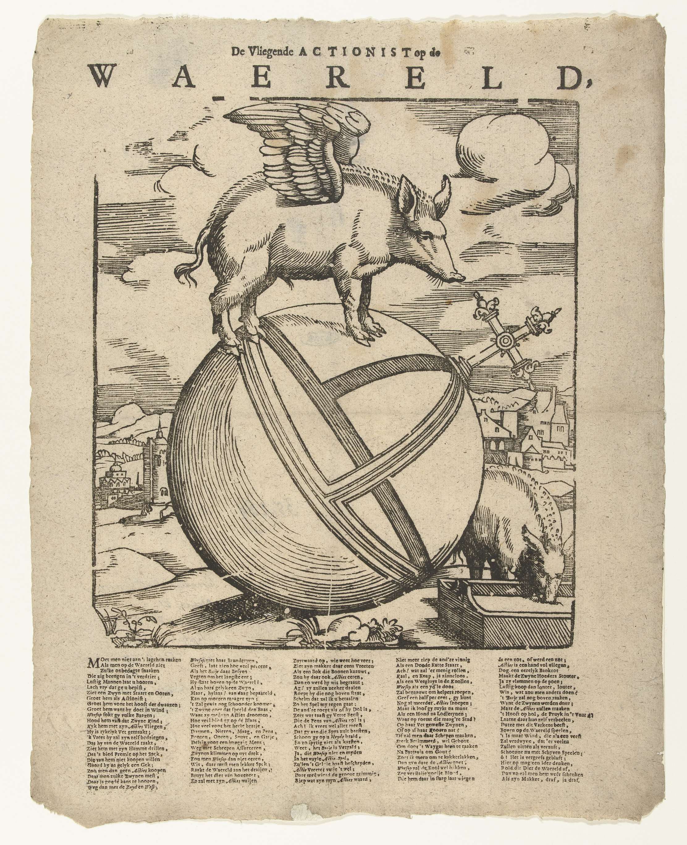 Winged pig on the world, etching by Cornelis Anthonisz