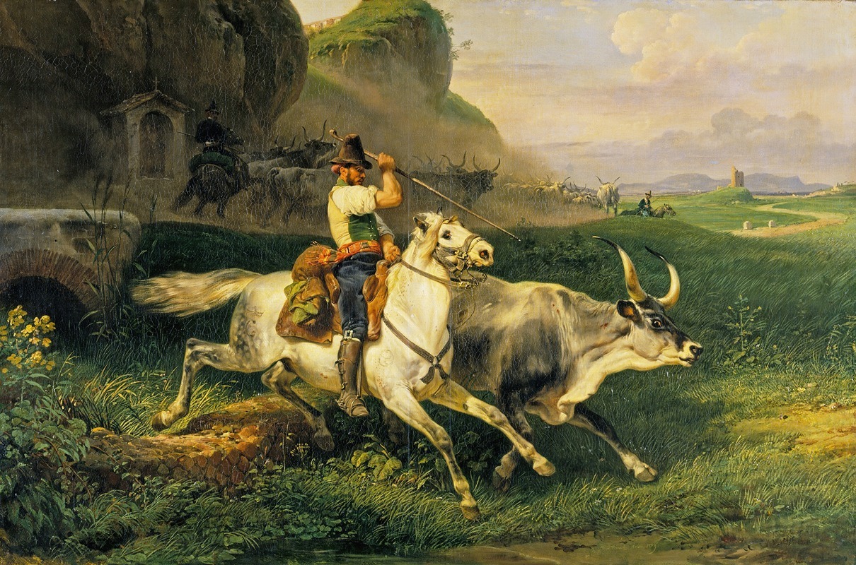 A herdsman driving cattle in a picturesque landscape.